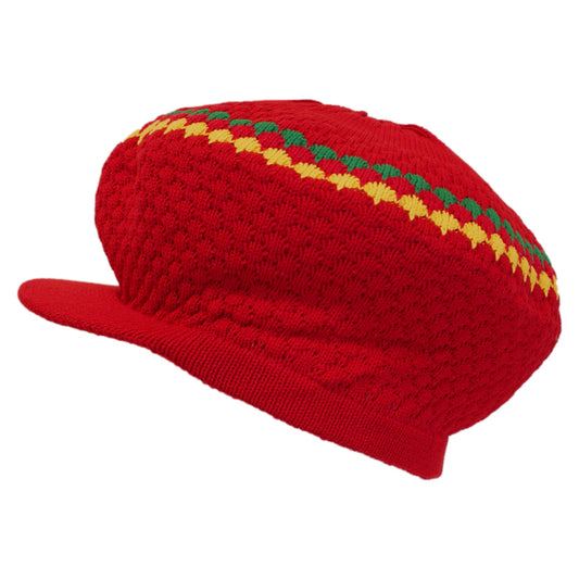 Shoe String King Rasta Knit Tam Hat Dreadlock Cap (Large Round Red/Red/Yellow/Green w/Brim)
