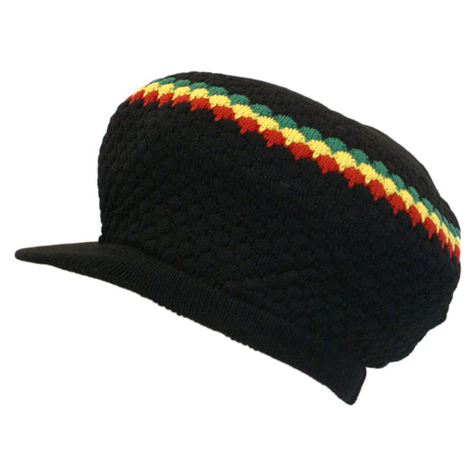 Shoe String King Rasta Knit Tam Hat Dreadlock Cap (Large Round Blk/Red/YEL/Grn w/Brim)