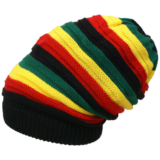 Shoe String King Rasta Dread Knit Tam Hat - Dreadlocks Cap (Medium Blk/Red/YEL/Grn Fat Stripe Brimless)