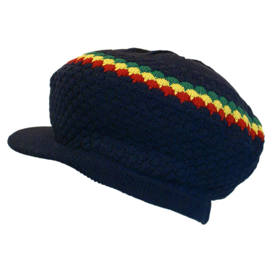 Shoe String King SSK Rasta Knit Tam Hat Dreadlock Cap (Large Round Navy/Red/YEL/Grn w/Brim)