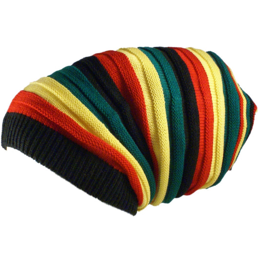 Shoe String King Rasta Knit Tam Hat Dreadlock Cap (Long Blk/Red/YEL/Grn Fat Stripe Brimless)